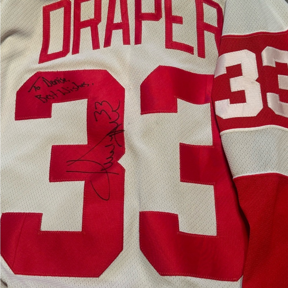 Red and White Detroit red wings Chris Draper signed Jersey